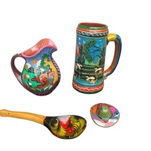 Isidoro Mexico Painted Stein Terracota Pitcher Magnet Wooden Spoon Floral Set